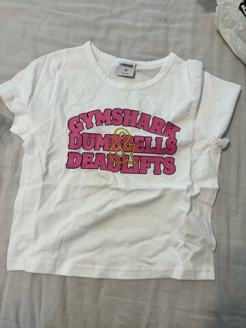 Gymshark White Kids Tee with Pink Text & Yellow Ampersand